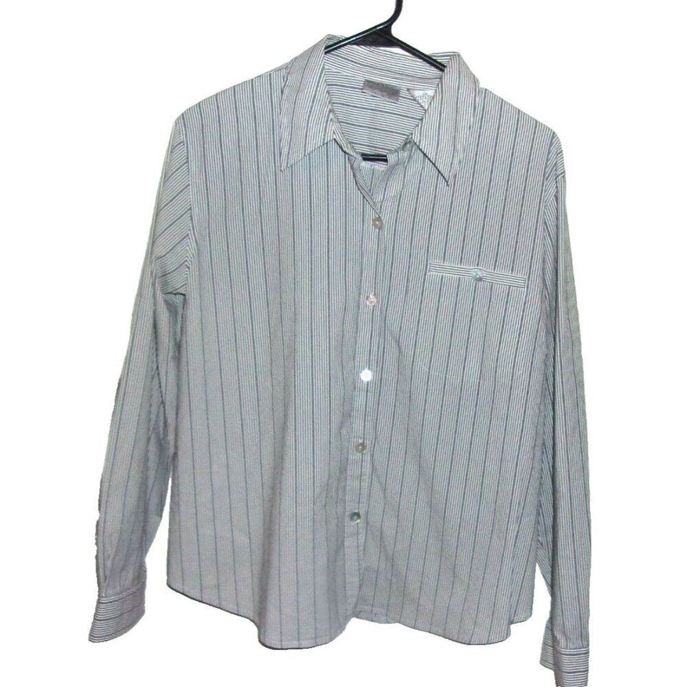 Chico's Black‎ and White Vertical Striped Button Front Long Sleeve Top 2 L 12